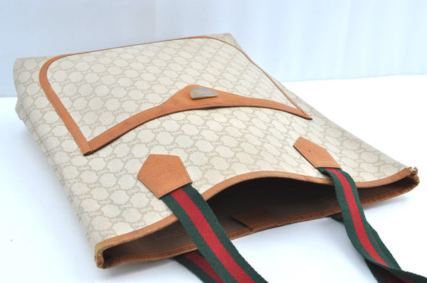 Authentic GUCCI Web Sherry Line GG Plus Tote Bag PVC Leather Beige K1835
