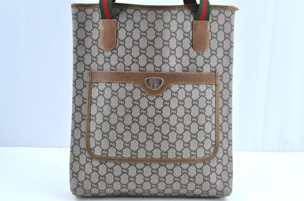 Auth GUCCI Web Sherry Line GG Plus Shoulder Tote Bag PVC Leather Brown K1875