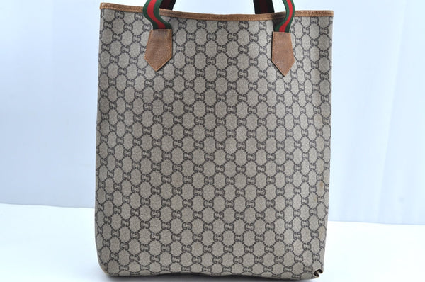 Auth GUCCI Web Sherry Line GG Plus Shoulder Tote Bag PVC Leather Brown K1896