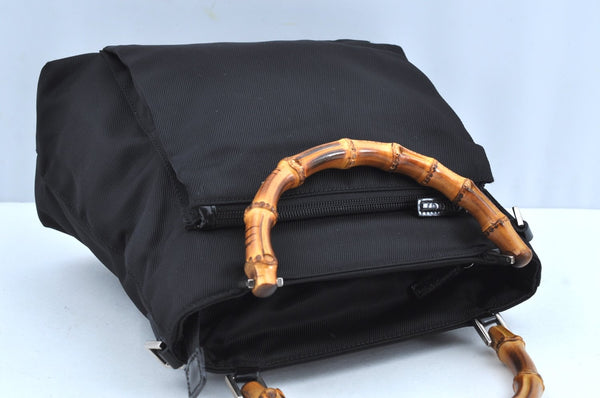 Authentic GUCCI Bamboo 2Way Shoulder Hand Bag Purse Nylon Leather Black K3713