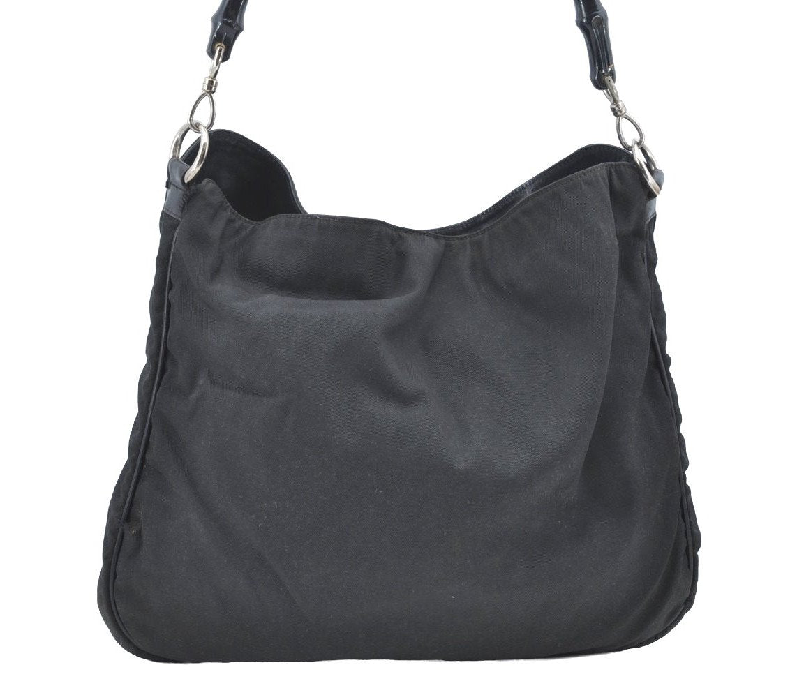 Authentic GUCCI Bamboo Shoulder Hand Bag Nylon Leather 0011577 Black K4037