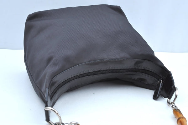 Authentic GUCCI Bamboo 2Way Shoulder Bag Nylon Enamel Gray K4038