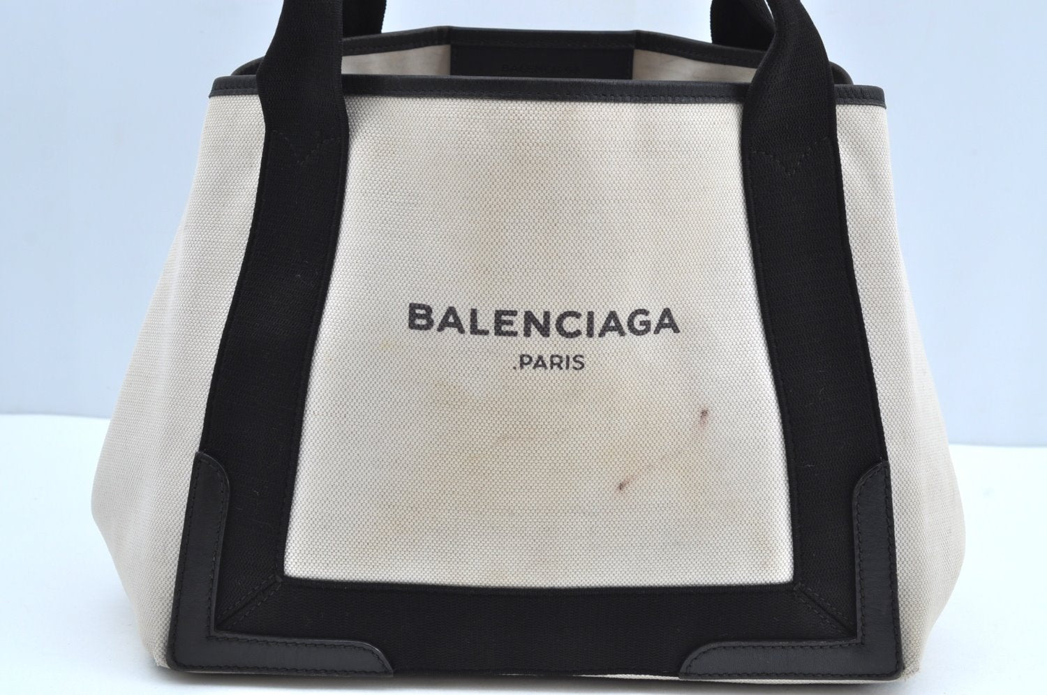 Authentic BALENCIAGA Navy Caba S Hand Bag Canvas Leather 339933 White K4039