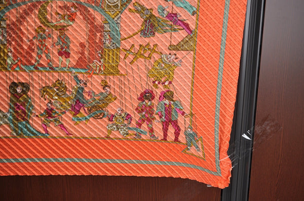 Authentic HERMES Double Pleats Scarf "DES MARIONNETTES" Silk Orange Box K4043