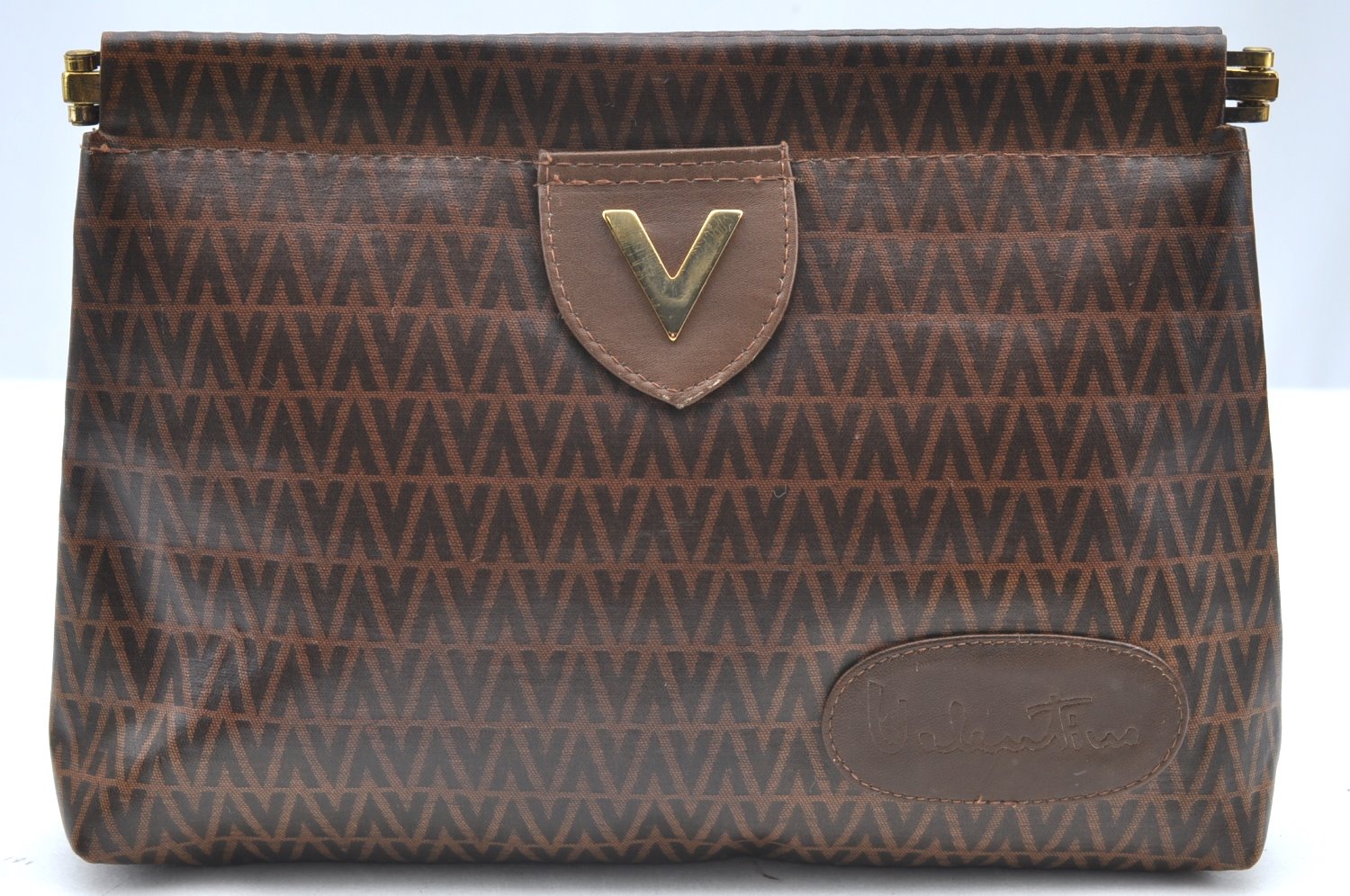 Authentic MARIO VALENTINO V Logo Clutch Bag Purse PVC Brown K4076