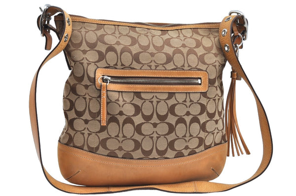 Authentic COACH Signature Shoulder Cross Bag Canvas Leather 9349 Brown K4078