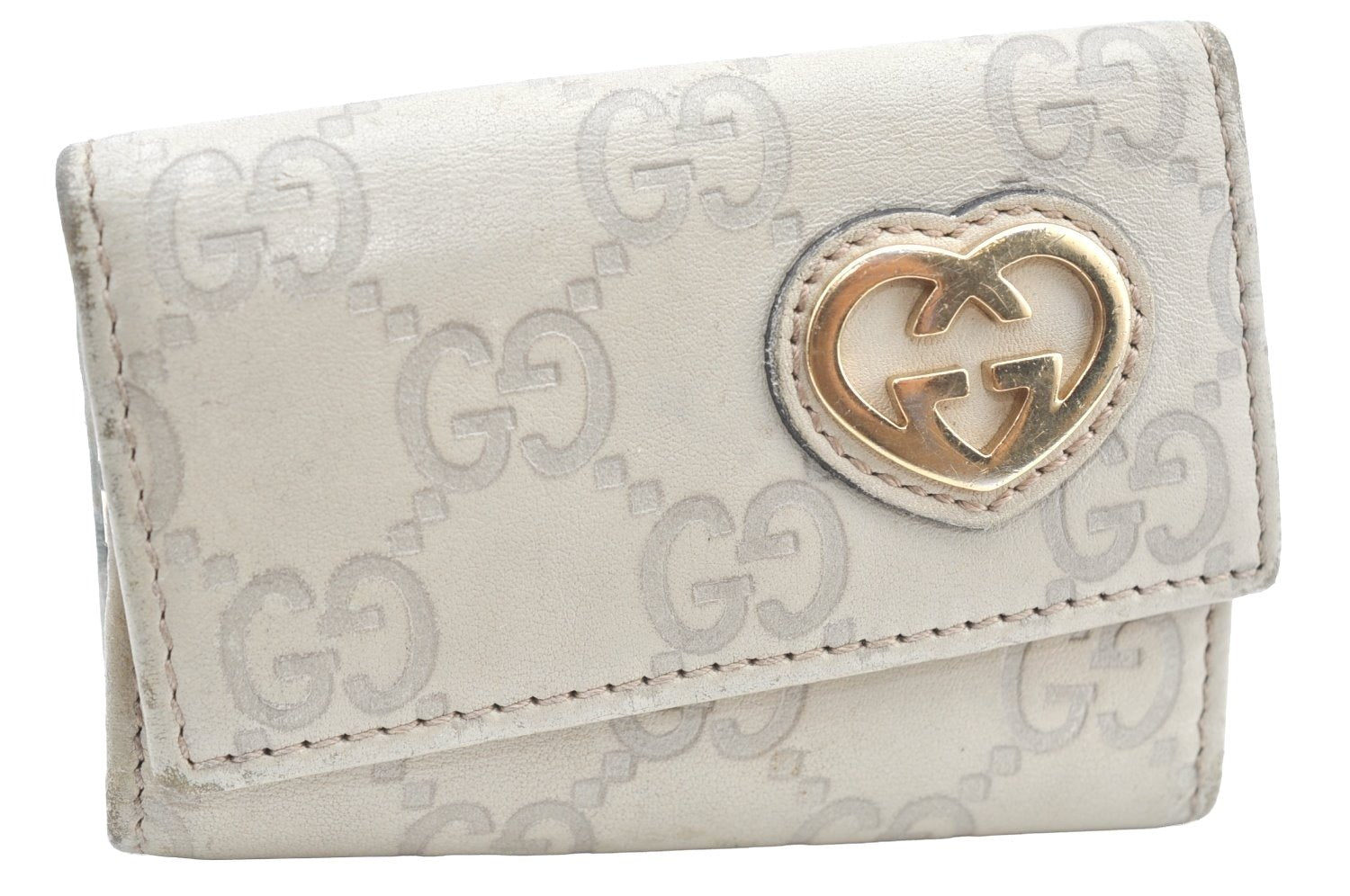 Authentic GUCCI Guccissima Lovely Heart 6 Key Case GG Leather 257217 White K4095