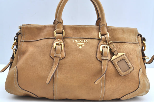 Authentic PRADA Vintage Leather 2Way Shoulder Hand Bag Beige K4106