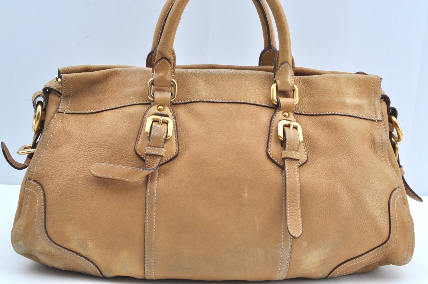 Authentic PRADA Vintage Leather 2Way Shoulder Hand Bag Beige K4106