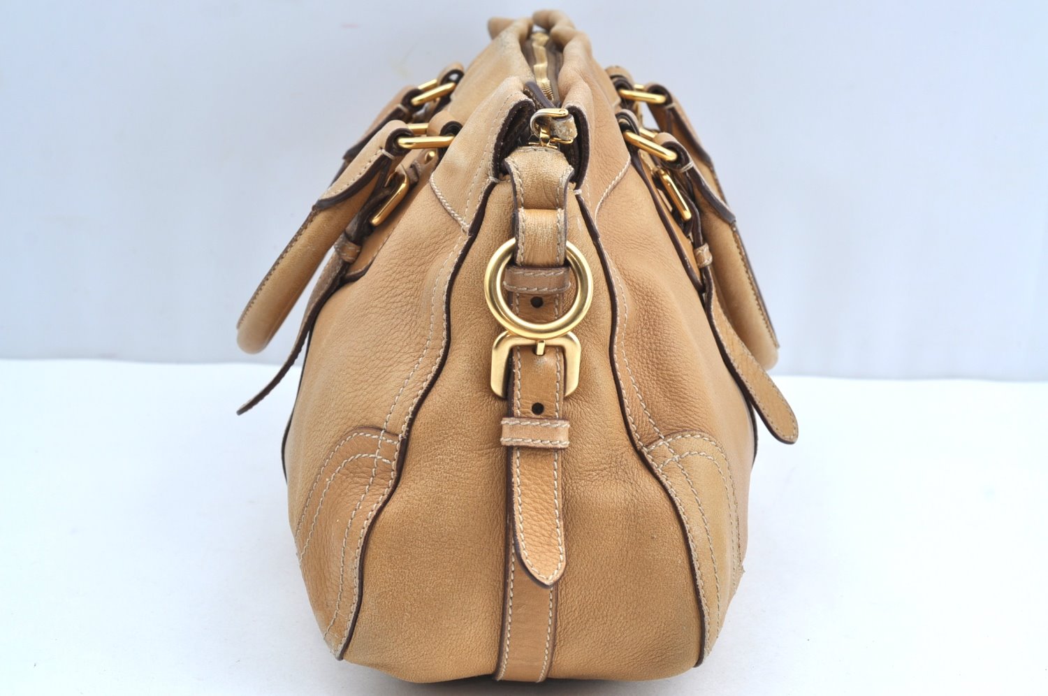 Authentic PRADA Vintage Leather 2Way Shoulder Hand Bag Beige K4106