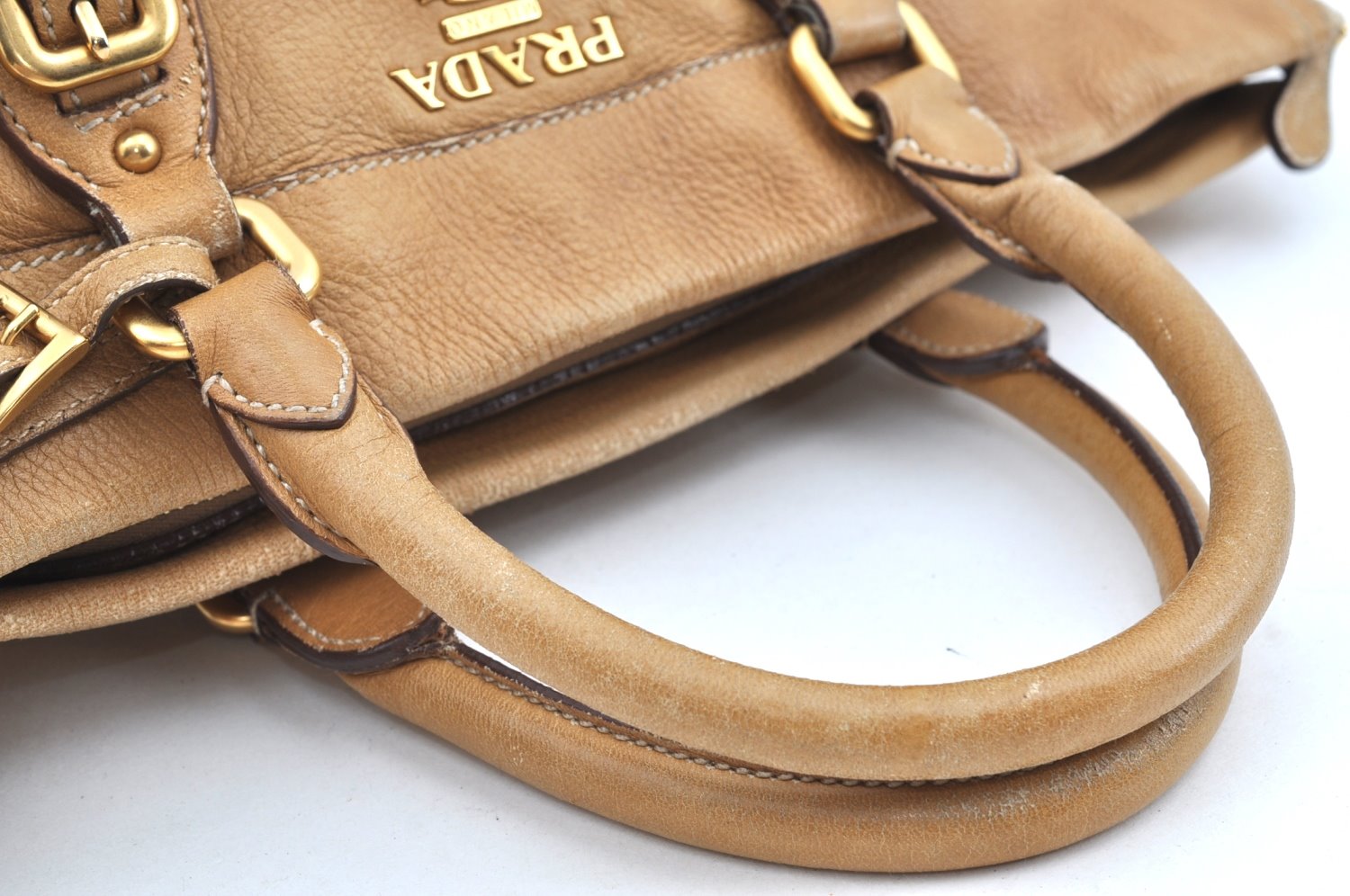 Authentic PRADA Vintage Leather 2Way Shoulder Hand Bag Beige K4106