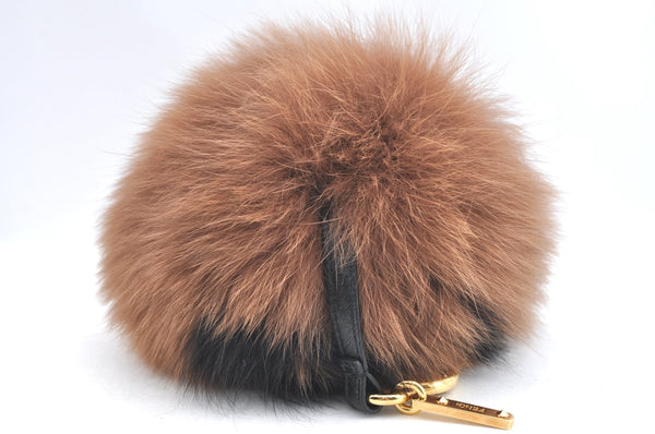 Authentic FENDI Logo Pompom Bag Charm Fur Leather Brown Box K4108