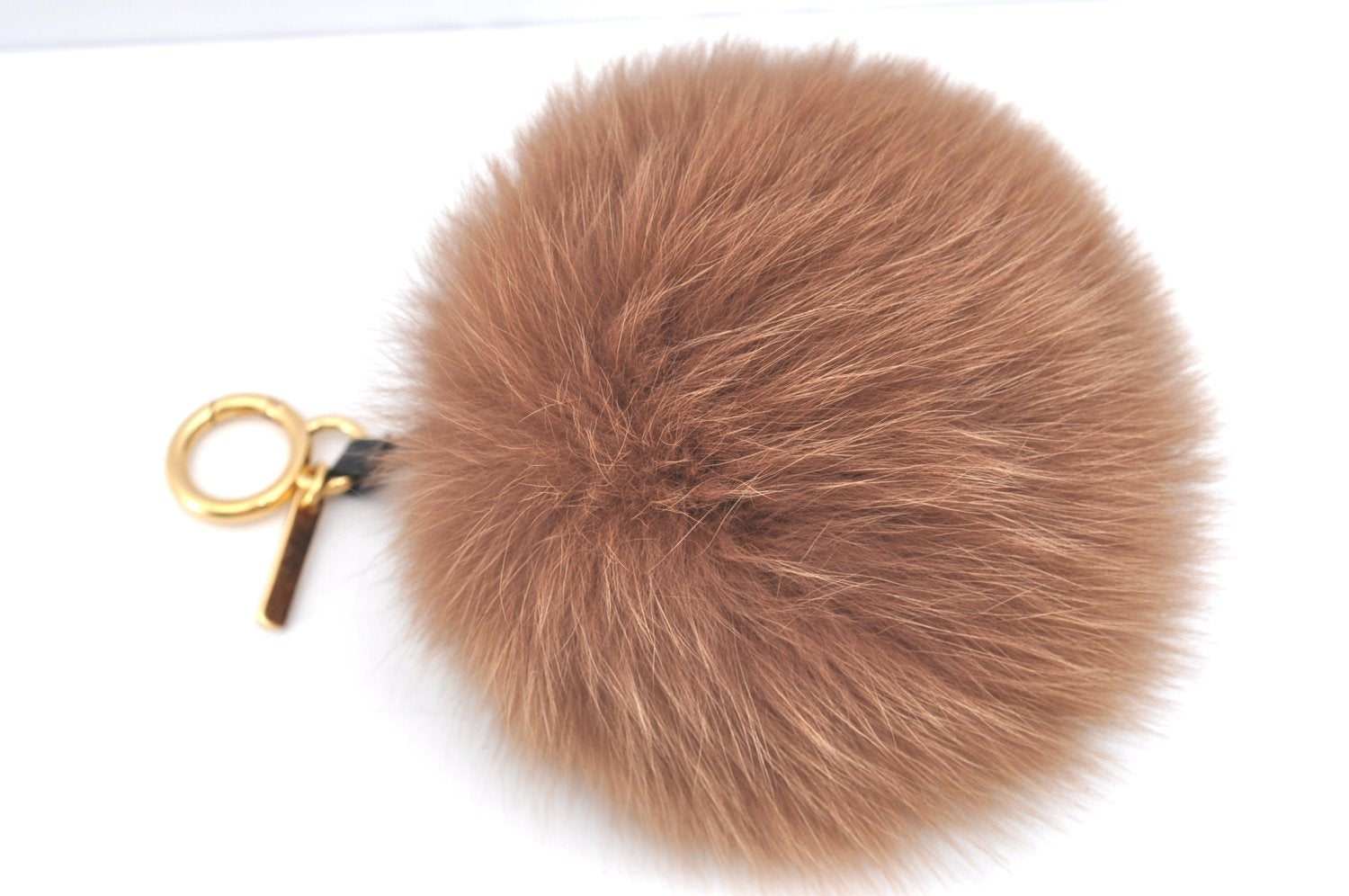 Authentic FENDI Logo Pompom Bag Charm Fur Leather Brown Box K4108