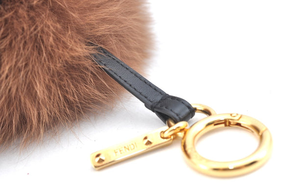 Authentic FENDI Logo Pompom Bag Charm Fur Leather Brown Box K4108