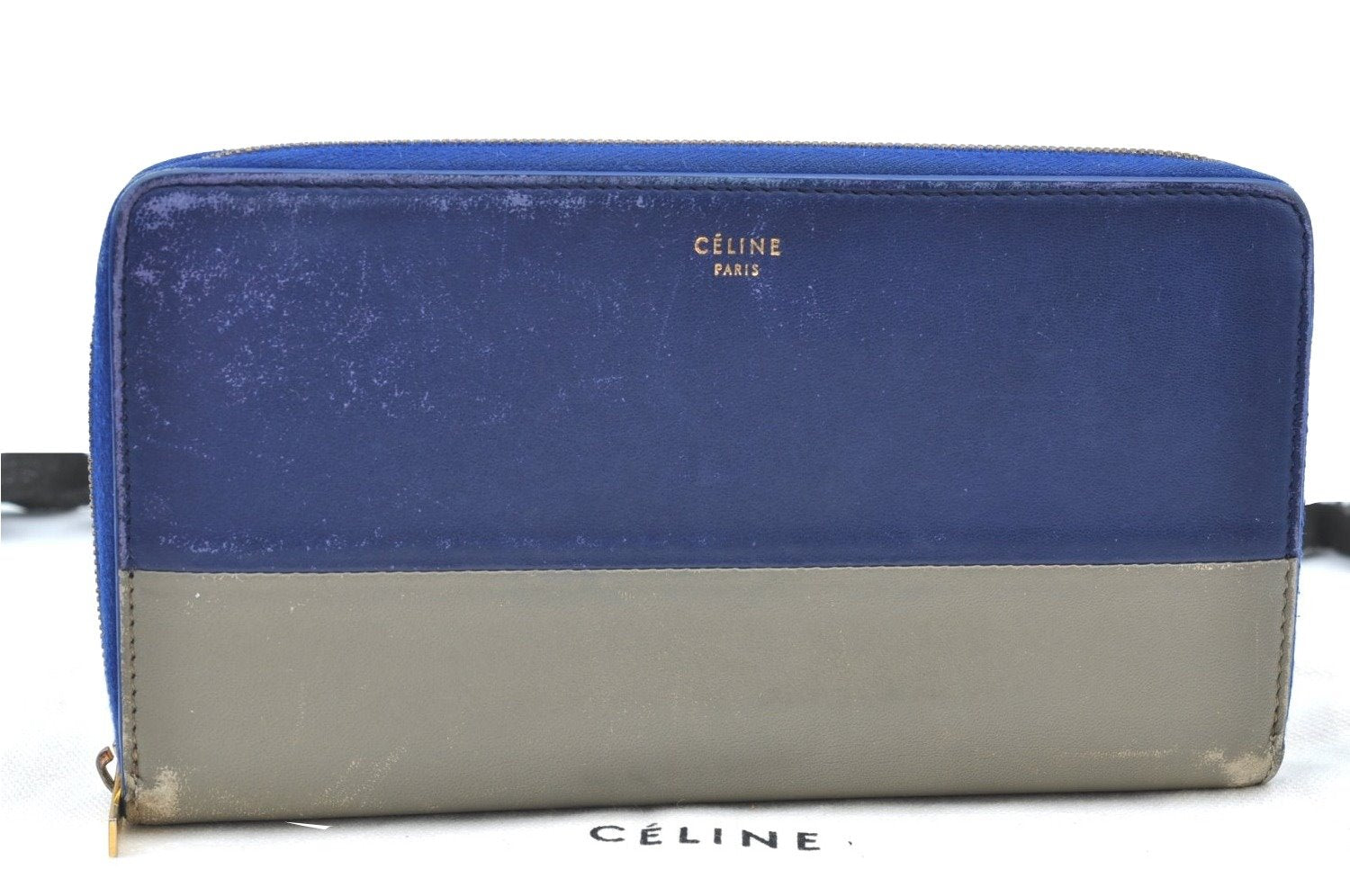 Authentic CELINE Large Zipped Wallet Long Wallet Purse Leather Blue Gray K4109