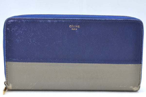 Authentic CELINE Large Zipped Wallet Long Wallet Purse Leather Blue Gray K4109