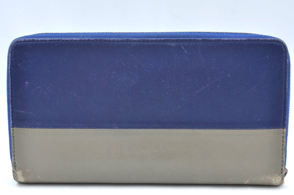 Authentic CELINE Large Zipped Wallet Long Wallet Purse Leather Blue Gray K4109