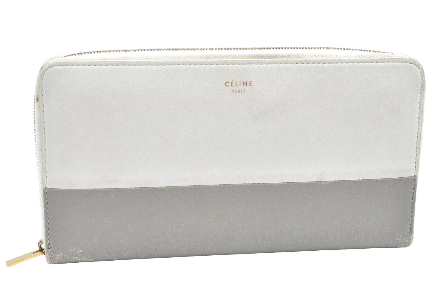 Authentic CELINE Horizontal Cabas Bicolor Long Wallet Leather White Gray K4119