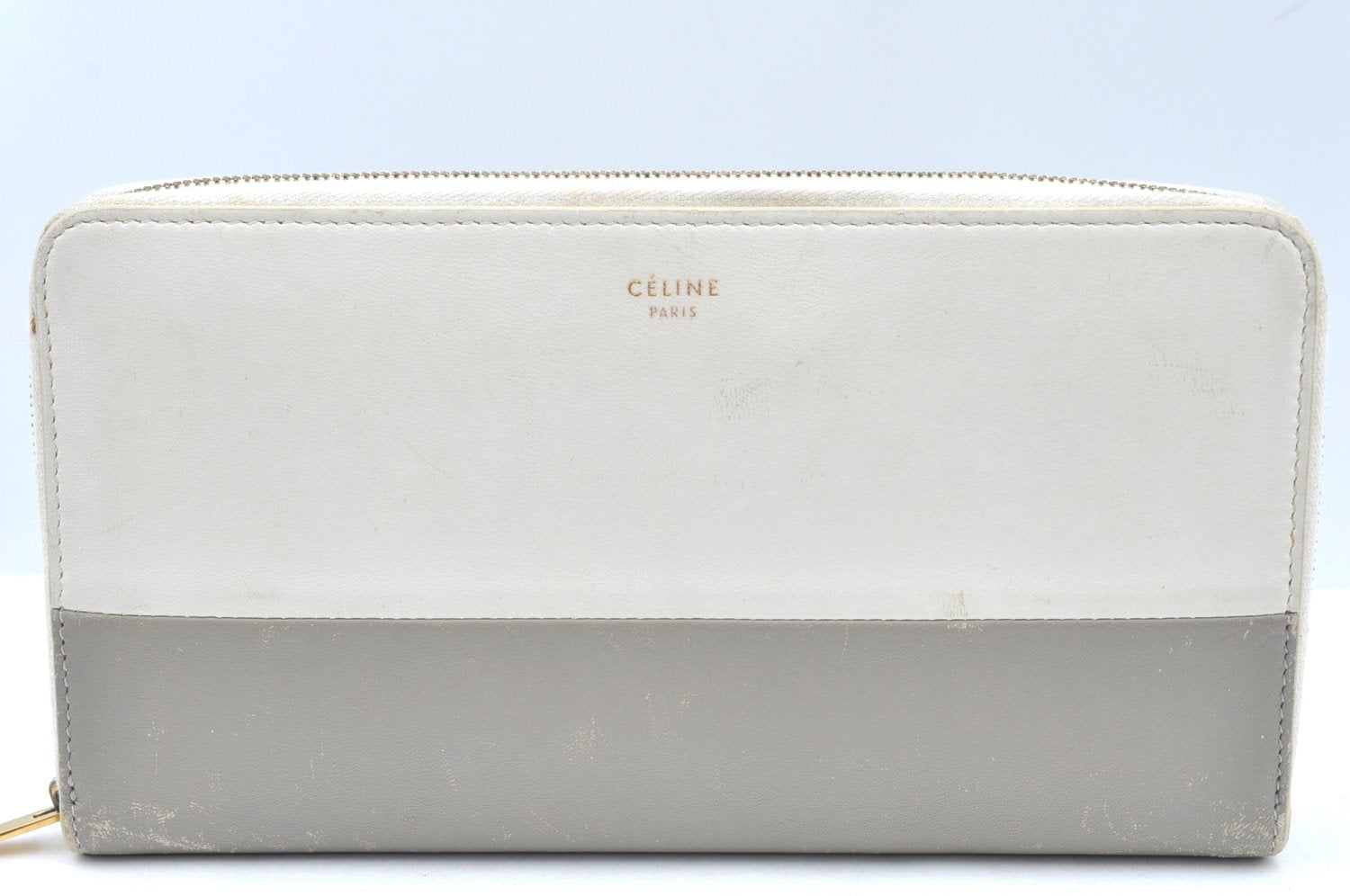 Authentic CELINE Horizontal Cabas Bicolor Long Wallet Leather White Gray K4119