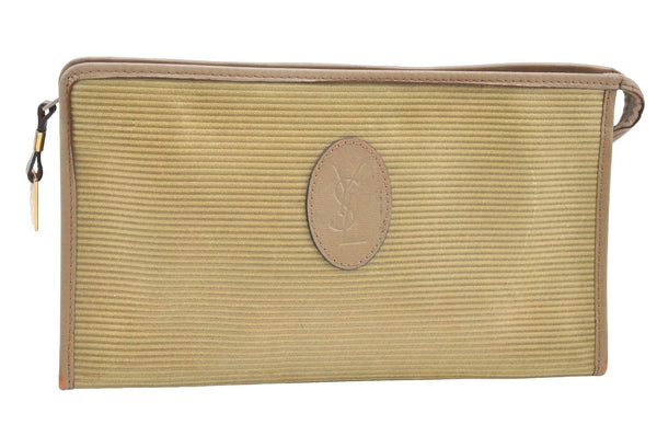 Authentic YVES SAINT LAURENT Clutch Hand Bag PVC Leather Khaki Beige K4125