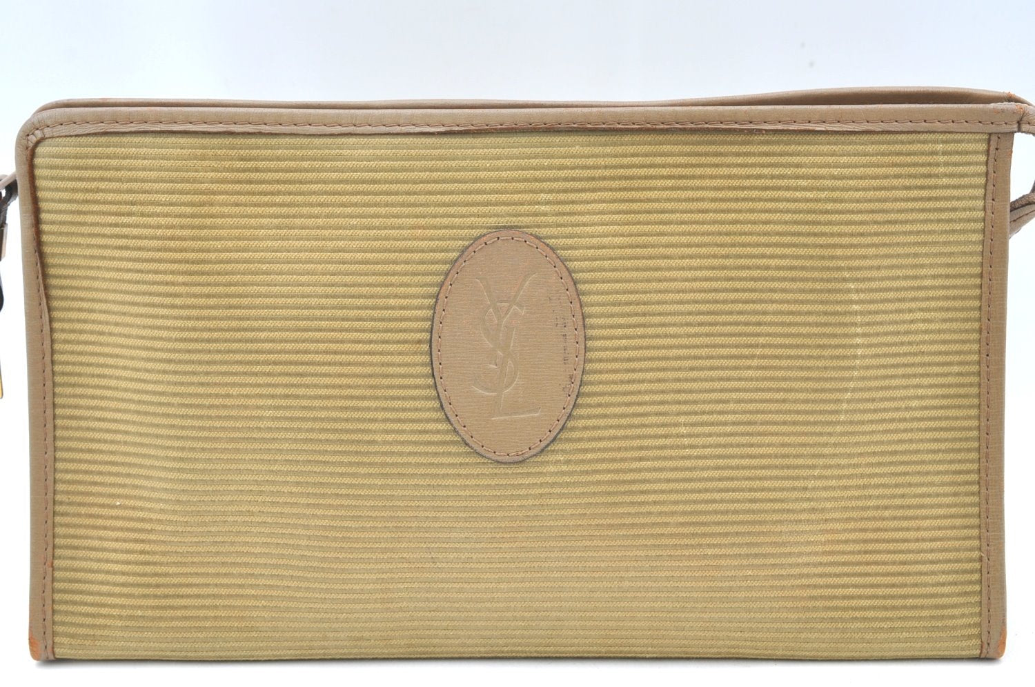 Authentic YVES SAINT LAURENT Clutch Hand Bag PVC Leather Khaki Beige K4125