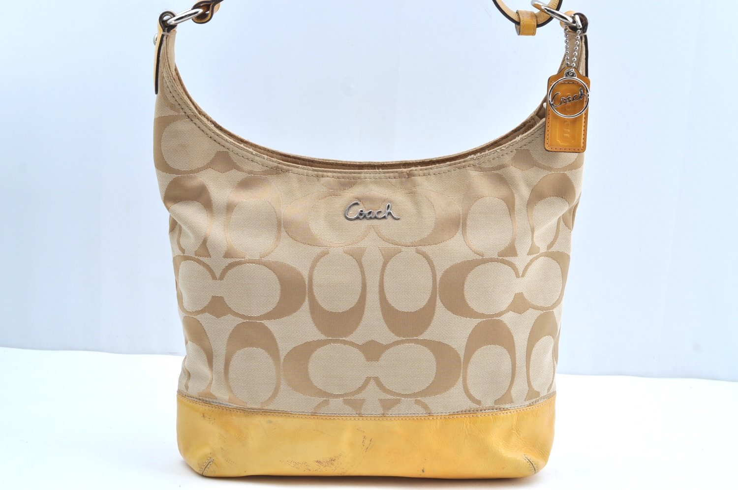 Auth COACH Signature Shoulder Cross Bag Canvas Enamel F17490 Beige Yellow K4136