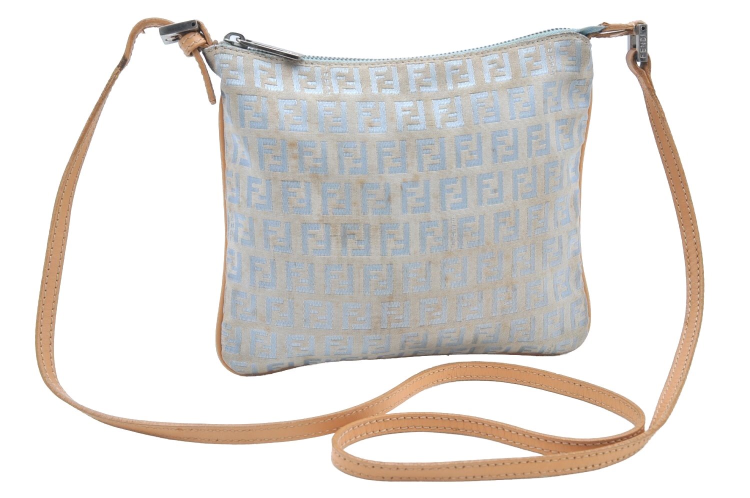 Authentic FENDI Zucchino Shoulder Cross Body Bag Canvas Leather Light Blue K4138
