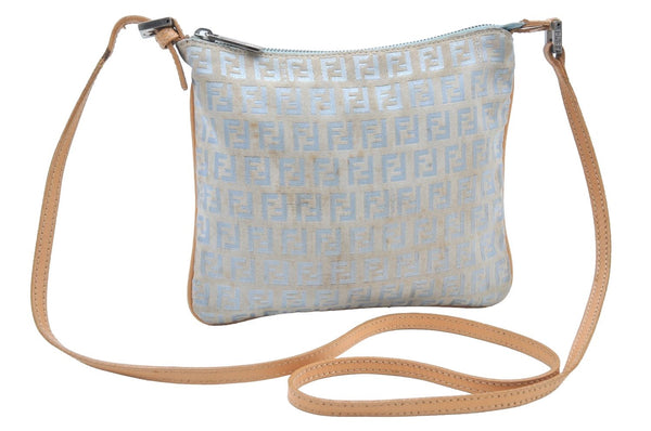 Authentic FENDI Zucchino Shoulder Cross Body Bag Canvas Leather Light Blue K4138