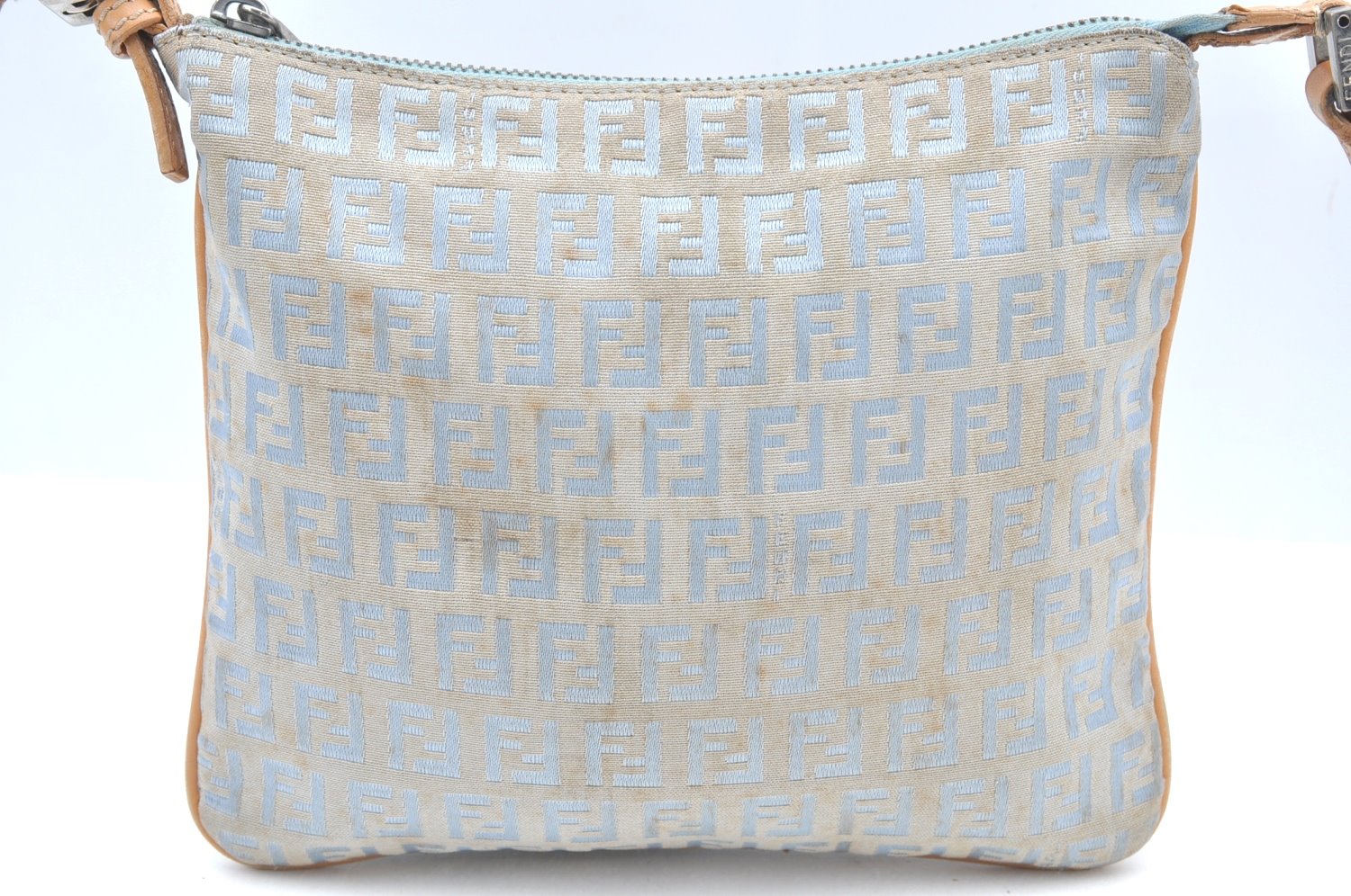 Authentic FENDI Zucchino Shoulder Cross Body Bag Canvas Leather Light Blue K4138