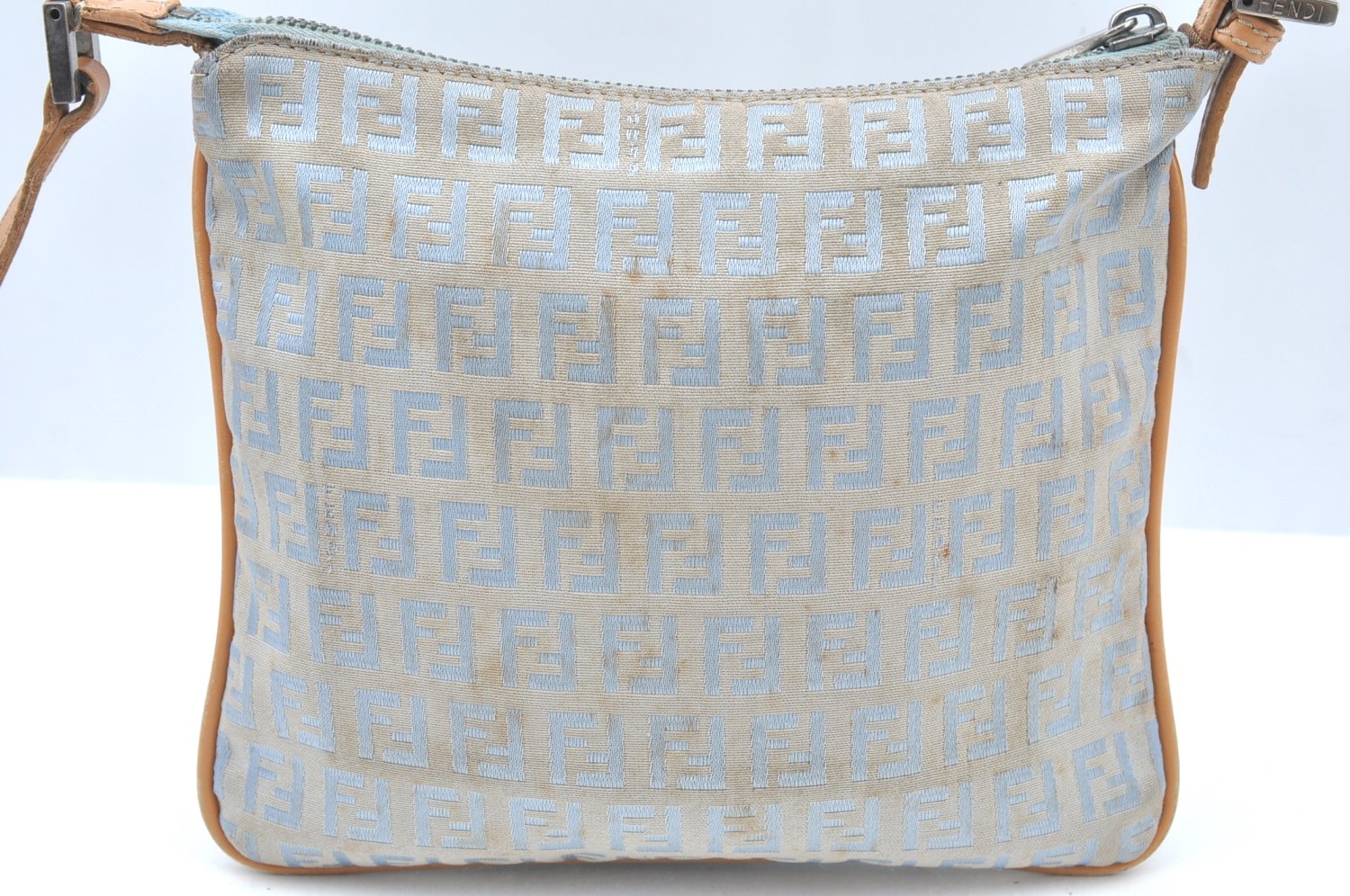 Authentic FENDI Zucchino Shoulder Cross Body Bag Canvas Leather Light Blue K4138