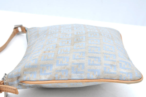 Authentic FENDI Zucchino Shoulder Cross Body Bag Canvas Leather Light Blue K4138