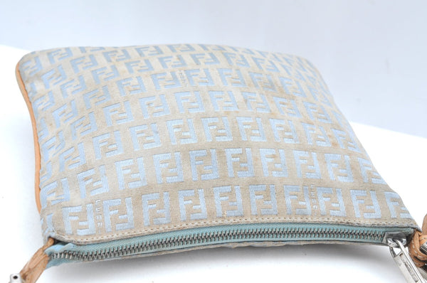 Authentic FENDI Zucchino Shoulder Cross Body Bag Canvas Leather Light Blue K4138