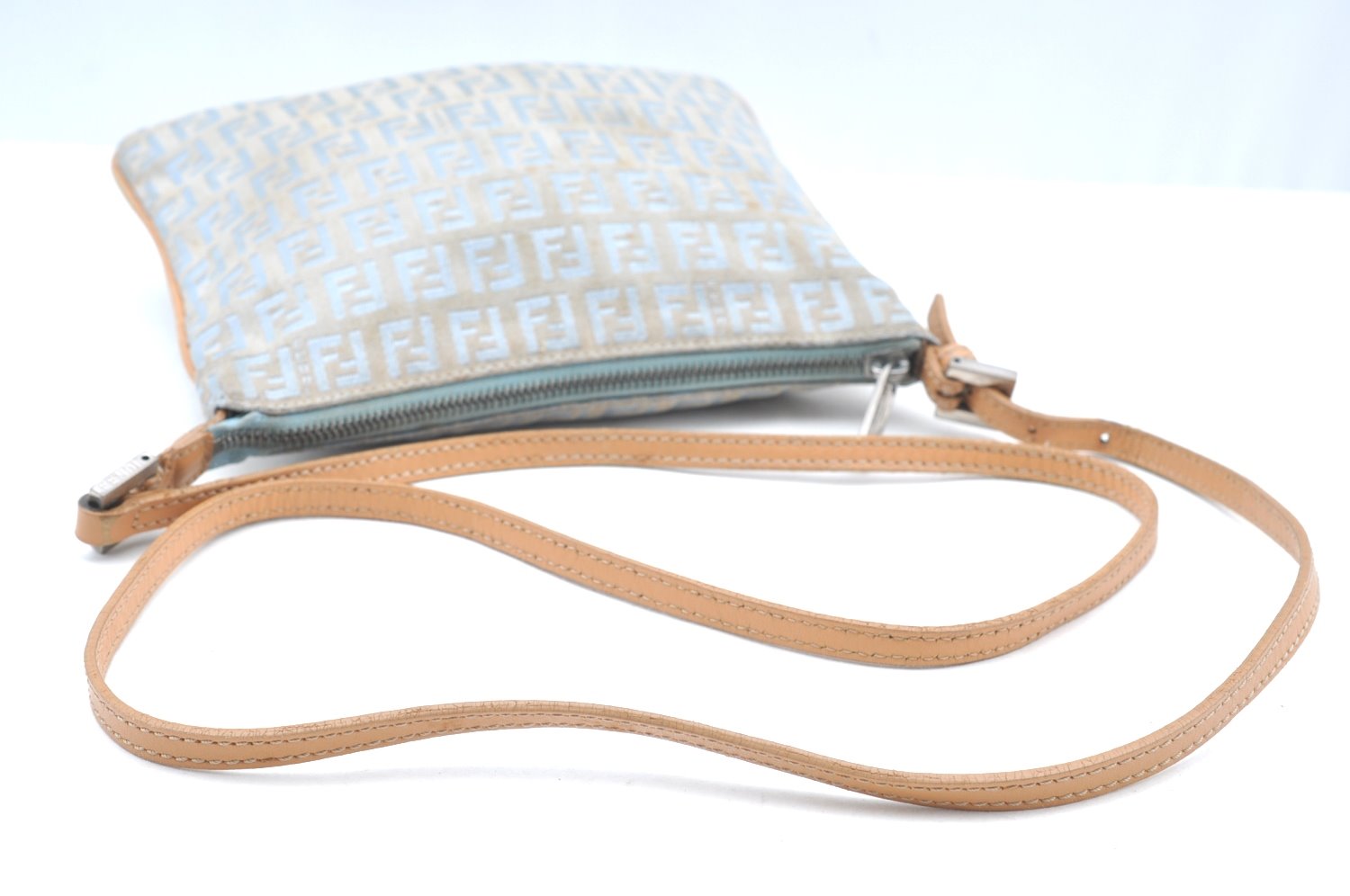 Authentic FENDI Zucchino Shoulder Cross Body Bag Canvas Leather Light Blue K4138
