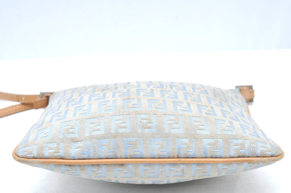 Authentic FENDI Zucchino Shoulder Cross Body Bag Canvas Leather Light Blue K4138