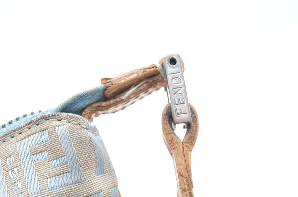 Authentic FENDI Zucchino Shoulder Cross Body Bag Canvas Leather Light Blue K4138