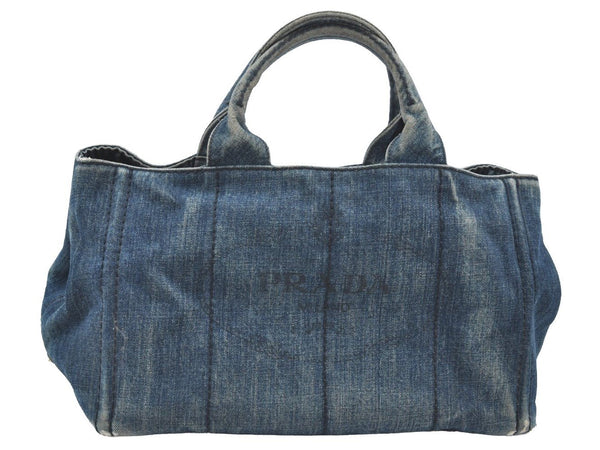 Authentic PRADA Canapa M Denim 2Way Shoulder Hand Bag Blue K4139