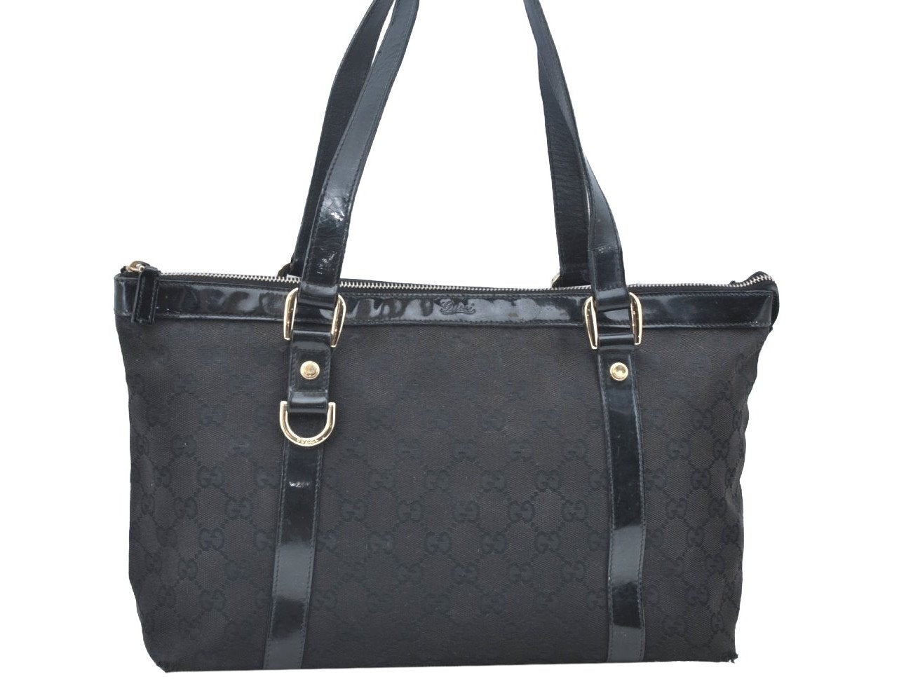 Authentic GUCCI Abbey Shoulder Tote Bag GG Canvas Enamel 141470 Black K4149