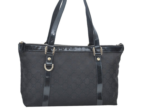 Authentic GUCCI Abbey Shoulder Tote Bag GG Canvas Enamel 141470 Black K4149