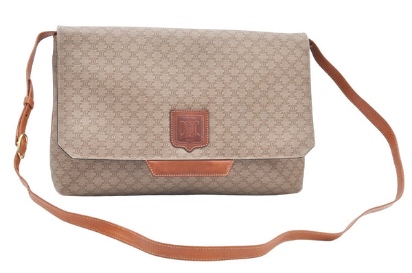 Authentic CELINE Macadam Blason Shoulder Cross Body Bag PVC Leather Beige K4150