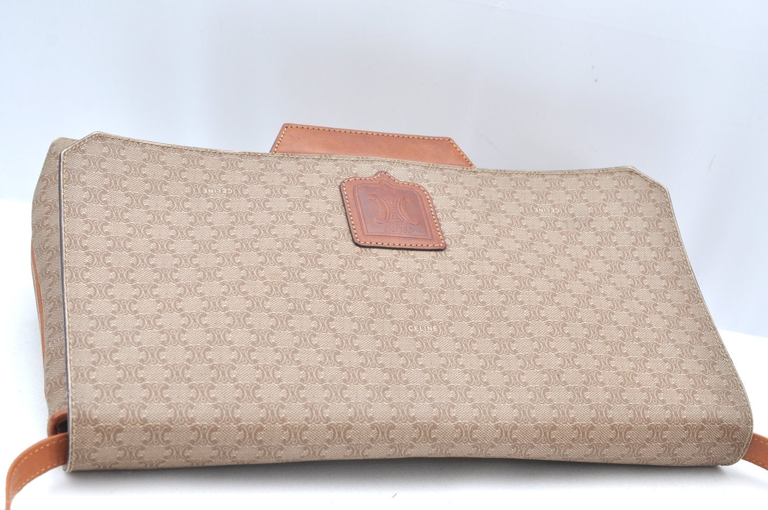 Authentic CELINE Macadam Blason Shoulder Cross Body Bag PVC Leather Beige K4150