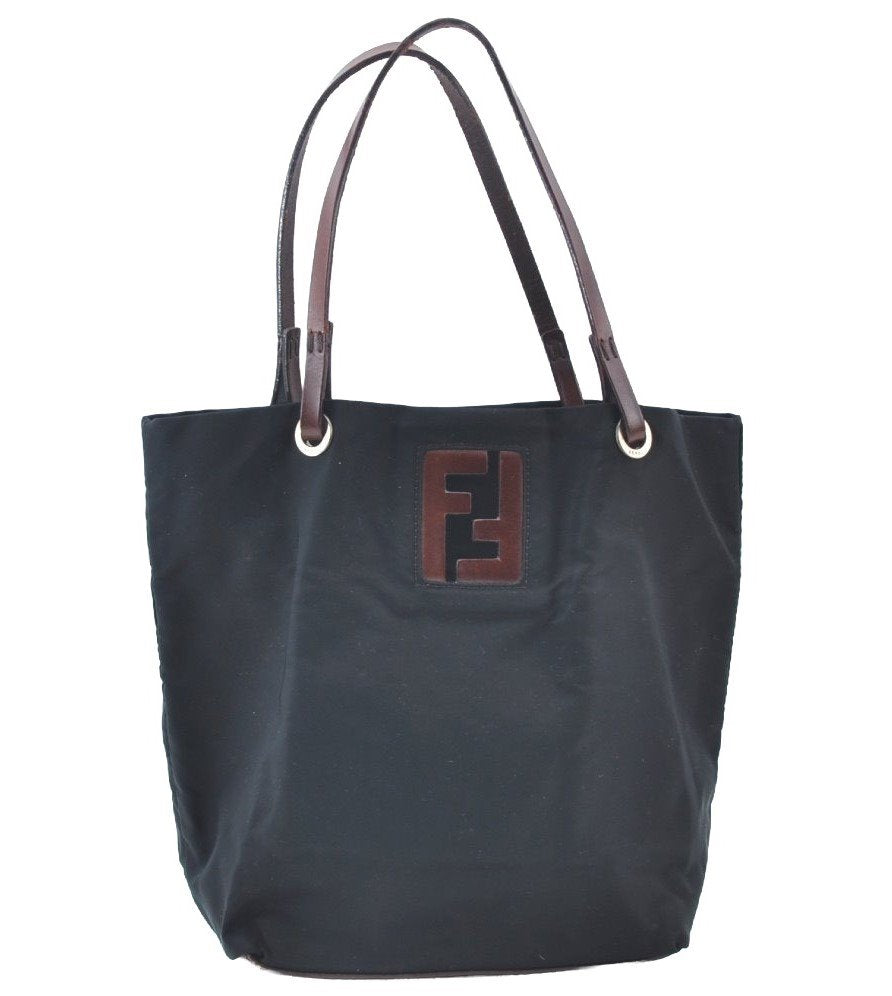 Authentic FENDI Vintage Shoulder Hand Bag Purse Nylon Leather Black K4152