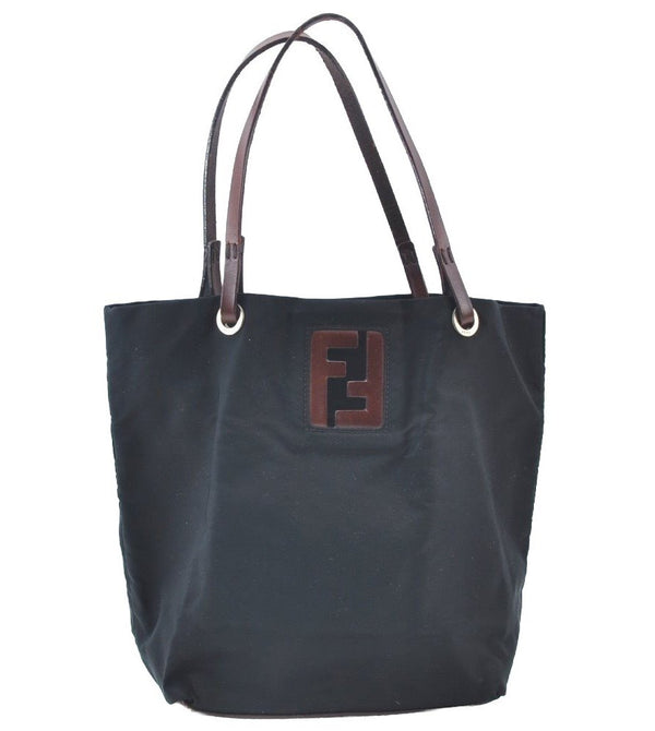 Authentic FENDI Vintage Shoulder Hand Bag Purse Nylon Leather Black K4152