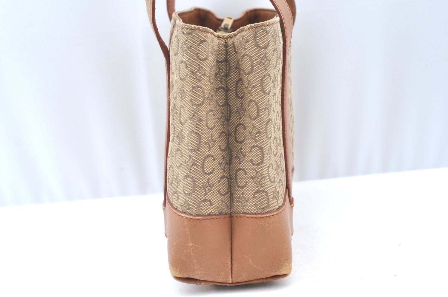 Authentic CELINE C Macadam Blason Pattern Hand Bag Canvas Leather Beige K4158
