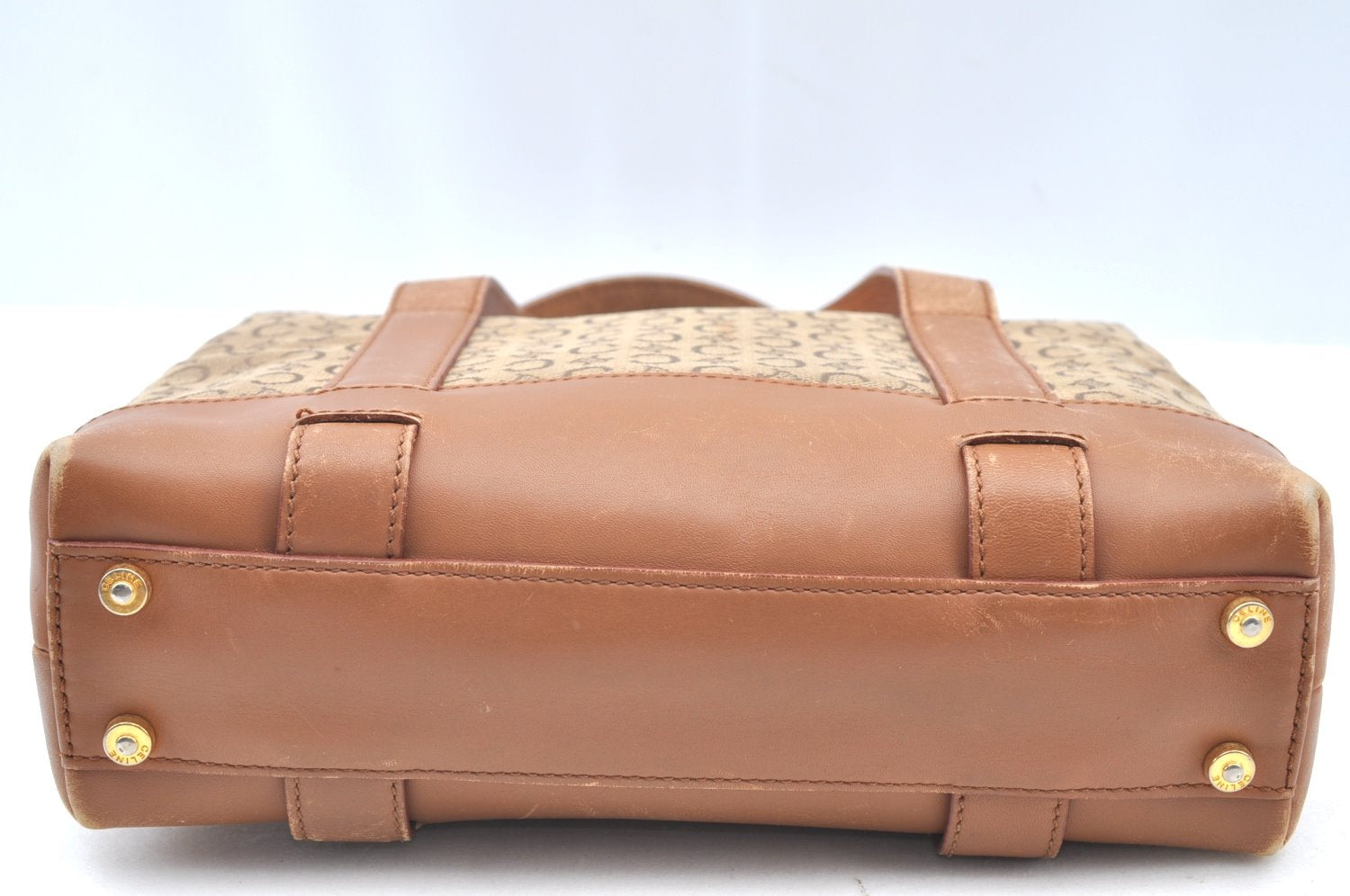Authentic CELINE C Macadam Blason Pattern Hand Bag Canvas Leather Beige K4158