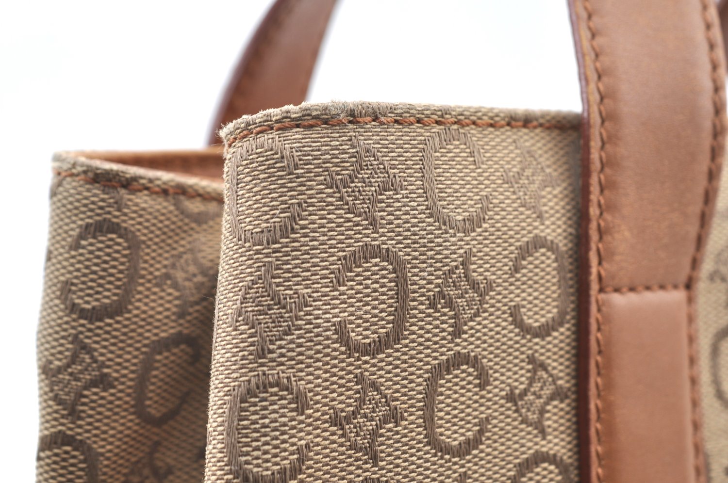 Authentic CELINE C Macadam Blason Pattern Hand Bag Canvas Leather Beige K4158