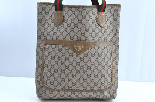 Authentic GUCCI Web Sherry Line GG Plus Tote Bag PVC Leather Brown K4163