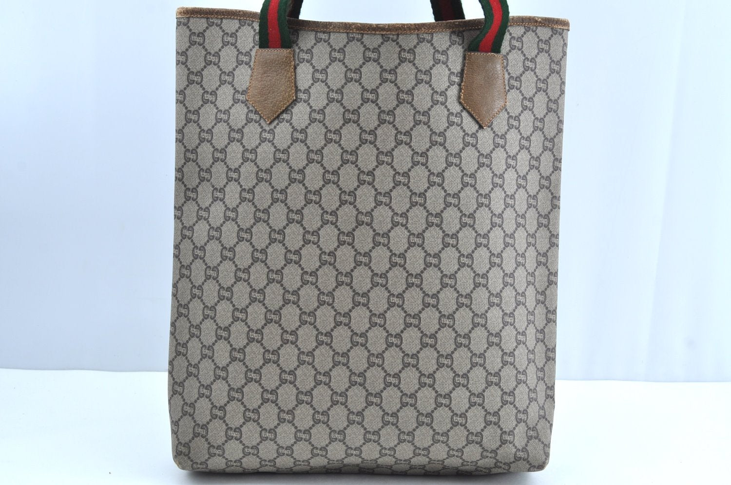 Authentic GUCCI Web Sherry Line GG Plus Tote Bag PVC Leather Brown K4163
