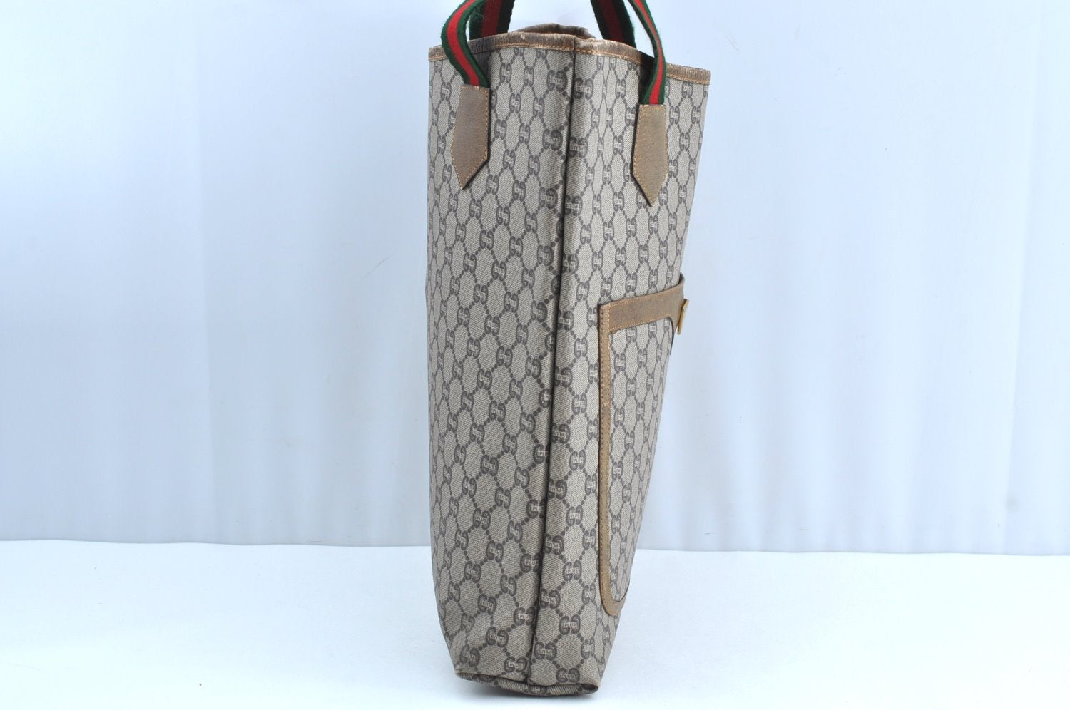 Authentic GUCCI Web Sherry Line GG Plus Tote Bag PVC Leather Brown K4163