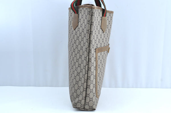 Authentic GUCCI Web Sherry Line GG Plus Tote Bag PVC Leather Brown K4163