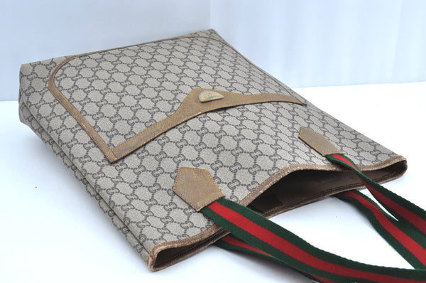 Authentic GUCCI Web Sherry Line GG Plus Tote Bag PVC Leather Brown K4163